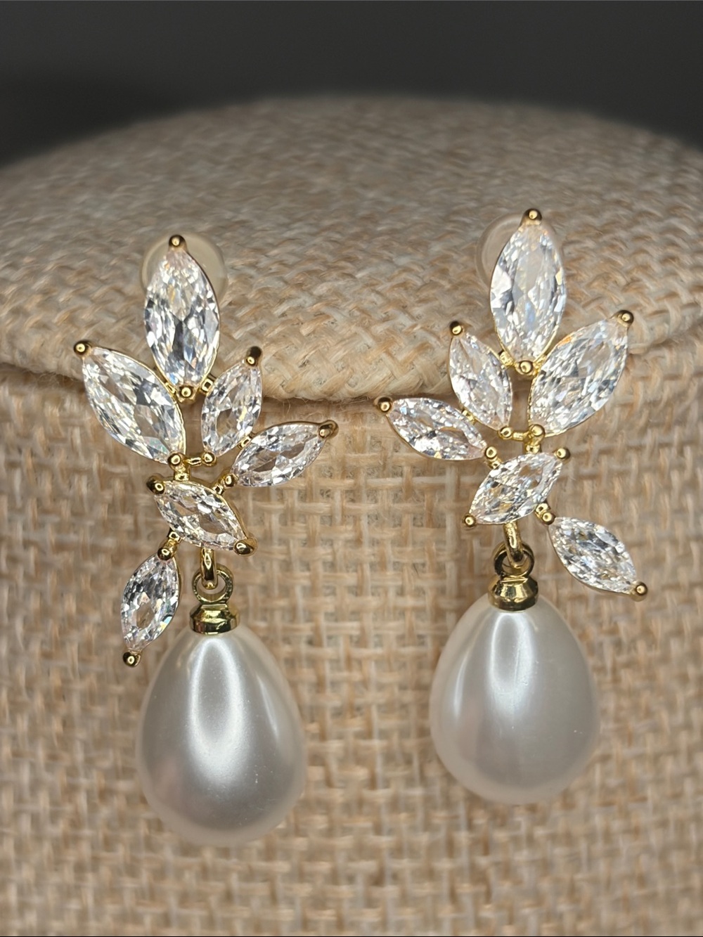 Goldtone Pearl Drop Leaf Crystal Earrings - Elegant White Pearls